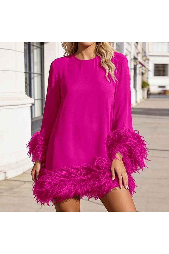 Womens Fringe Spring Dress Round Neck Fringe Sleeves Wedding Guest Dresses (Hot Pink XL)
