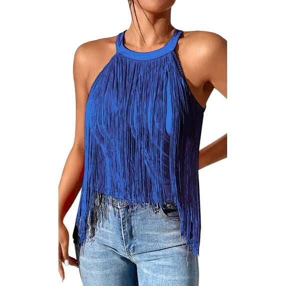 Womens Fringe Top Sleeveless High Neck Tank Tops Fashion Boho Halter Tassel Shirts Rave Country Festival Concert Vest Shirts Slim Fit Cowgirl Tank Top Partywear
