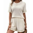 thumbnail image 1 of Womens Fringe Trim Textured Short Two Piece Set Waffle Tops and Short Sets L, 1 of 6