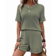 thumbnail image 1 of Womens Fringe Trim Textured Short Two Piece Set Waffle Tops and Short Sets Green L, 1 of 6