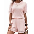 thumbnail image 1 of Womens Fringe Trim Textured Short Two Piece Set Waffle Tops and Short Sets Pink L, 1 of 6