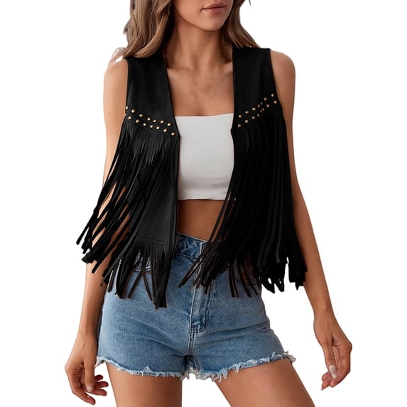 Womens Fringe Vest 70S Costume Sleeveless Western Jacket Tassel Outerwear Cardigan Outfit Casual Daily Wear Fashion by Yigetop Black L