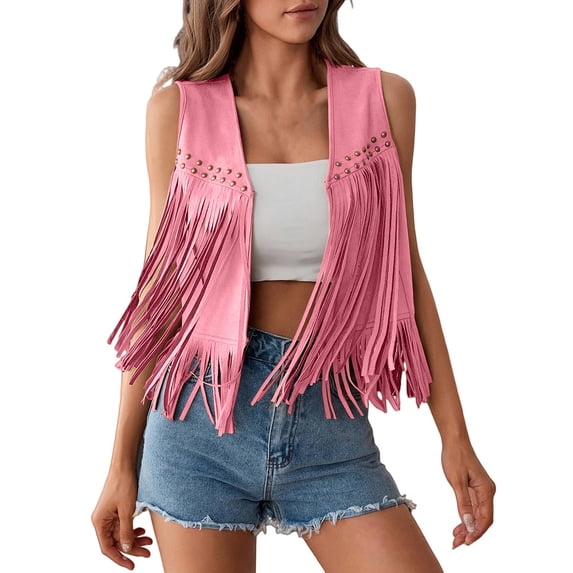 Womens Fringe Vest 70S Costume Sleeveless Western Jacket Tassel Outerwear Cardigan Outfit Casual Daily Wear Fashion by Yigetop Pink M