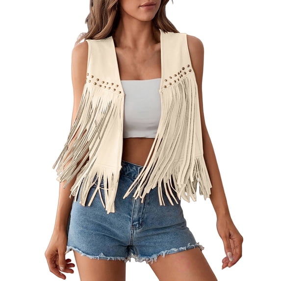 Womens Fringe Vest 70S Costume Sleeveless Western Jacket Tassel Outerwear Cardigan Outfit Casual Daily Wear Fashion by Yigetop White XXL