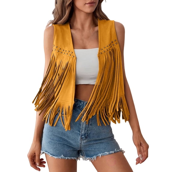 Womens Fringe Vest 70S Costume Sleeveless Western Jacket Tassel Outerwear Cardigan Outfit Casual Daily Wear Fashion by Yigetop Yellow XL