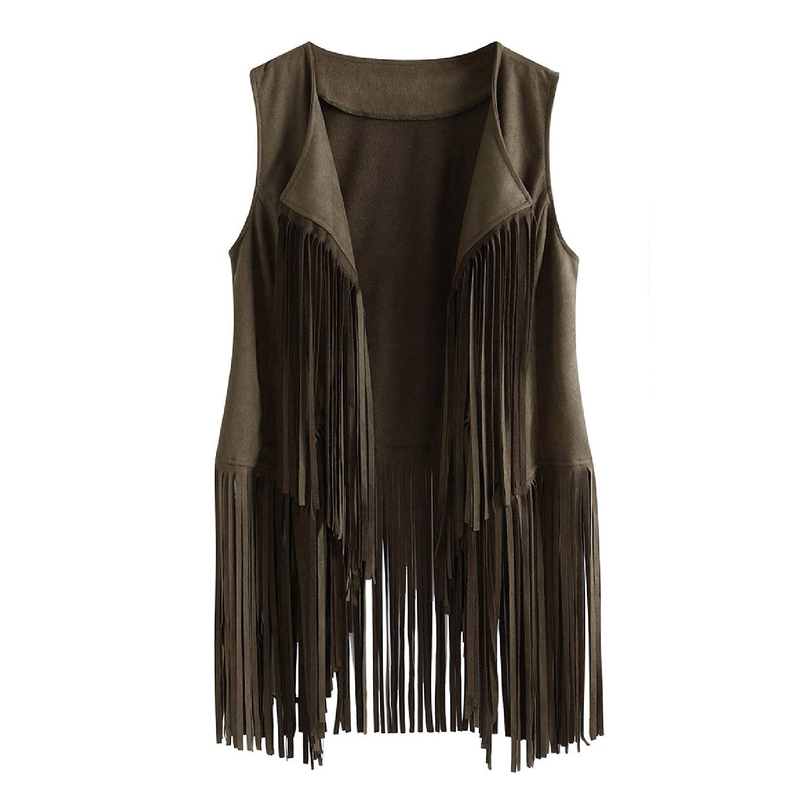 Womens Fringe Vest 70s Hippie Costume Sleeveless Shirts Cowgirl Western Faux Suede Tassel Leather Outerwear Going Out Tops Sexy Summer Outfits 2026 Trendy Vacation Tees