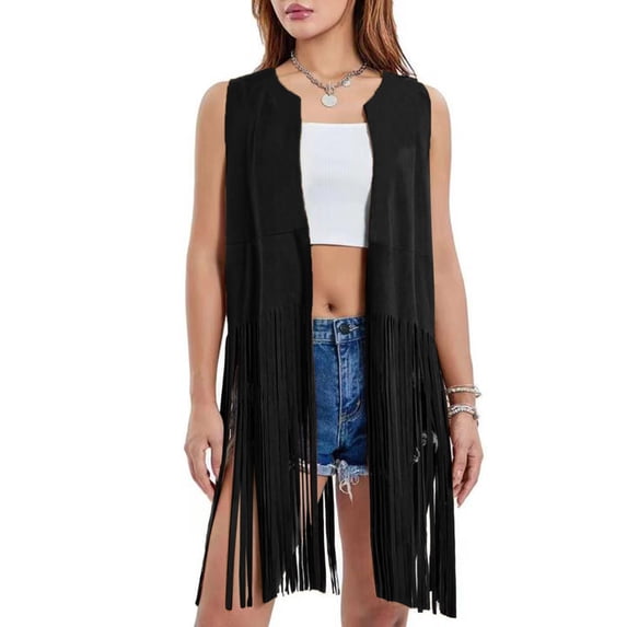 Womens Fringe Vest 70s Hippie Sleeveless Western Suede Tassel Leather Outerwear over Size Cardigan Sweaters for Women plus Size Sweater for Women Women Sweater Jacket Cardigan Short Cardigan Thin plus