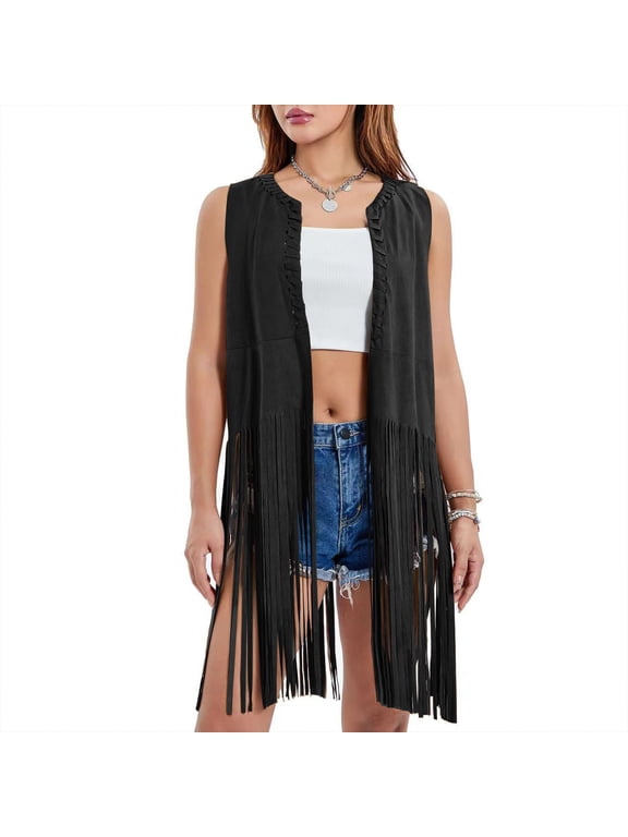 Womens Fringe Vest 70s Hippie Sleeveless Western Suede Tassel Leather Outerwear And Striped Sweater Gentle Fawn Sweater Linen Cardigan for Women Cardigan Polyester Long Loose Cardigan Split Back