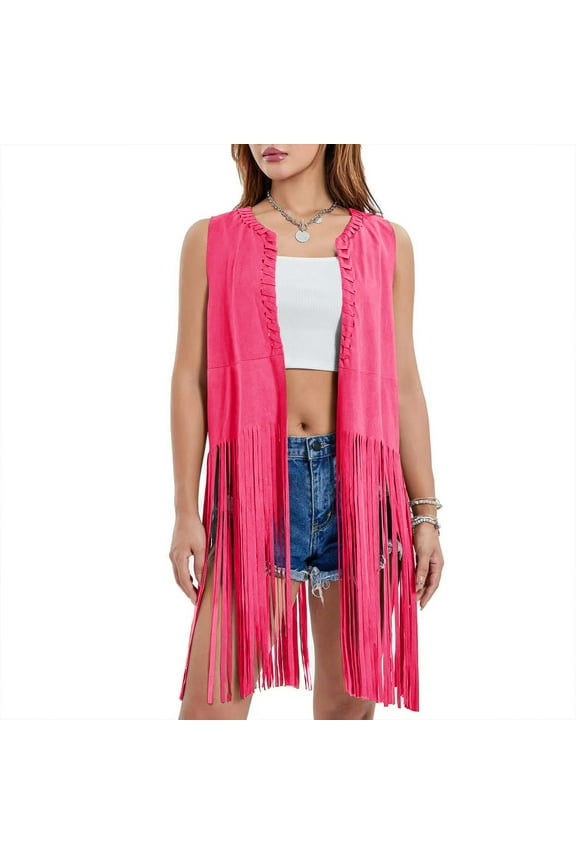 Womens Fringe Vest 70s Hippie Sleeveless Western Suede Tassel Leather Outerwear And Striped Sweater Gentle Fawn Sweater Linen Cardigan for Women Cardigan Polyester Long Loose Cardigan Split Back