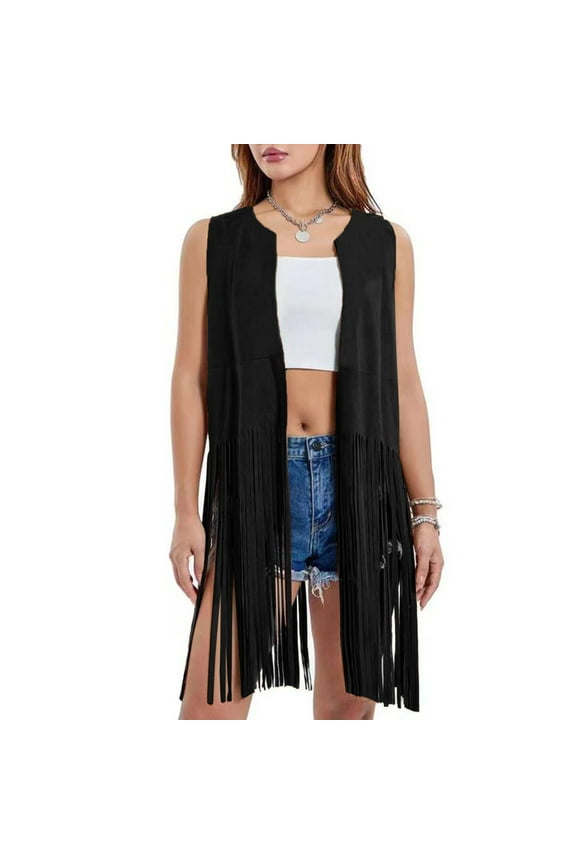 Womens Fringe Vest 70s Hippie Sleeveless Western Suede Tassel Leather Outerwear Winter Sweaters for Women Trendy Cardigans with Buttons Mustache Cardigan Womens Kimonos for Summer Maternity Cardigans