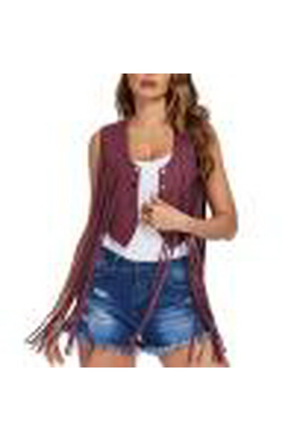 Womens Fringe Vest Vintage 70s Hippie Costume Sleeveless Cowgirl Western Faux Suede Tassel Outerwear Cardigan