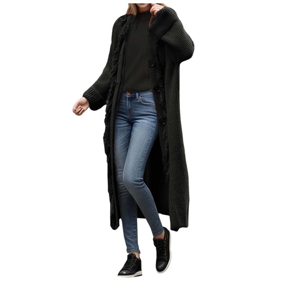 Womens Fringed Cardigan Sweater Long Sleeve Open Front Cocoon Loose Fit Knit Shawl Wrap for Fall Winter Season(S-XXXL)