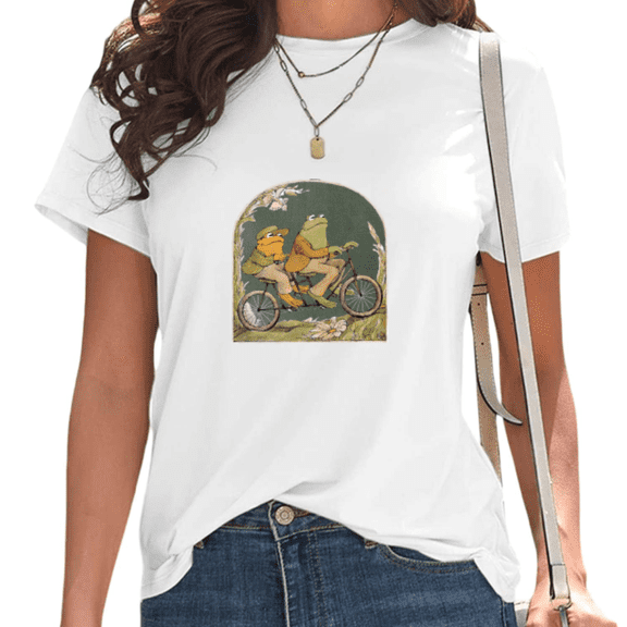 Womens Frog and Toad Bicycle Print Tshirt Graphic Tees Shirts White Nostalgic Literary Casual Weekend Brunch Vacation Tops S-5XL