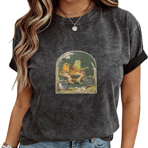 Womens Frog and Toad Biking Print Tshirt Graphic Tees Shirts Washed Charcoal Book Lover Casual Daily Wear Gift Tops S-2XL