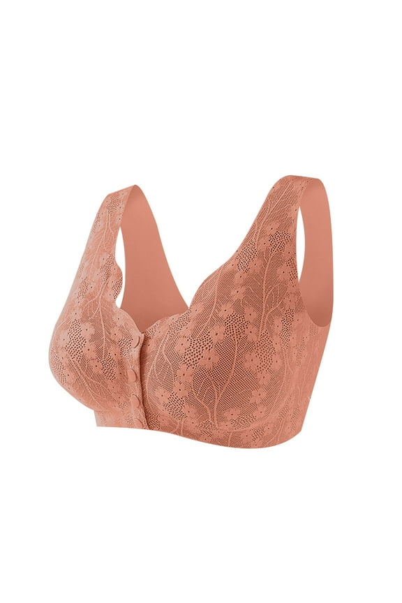 Womens Front Buckle Closure Bra Floral Lace Double-Layered Seamless Comfort Bras Ultra Thin Light Support Bralette
