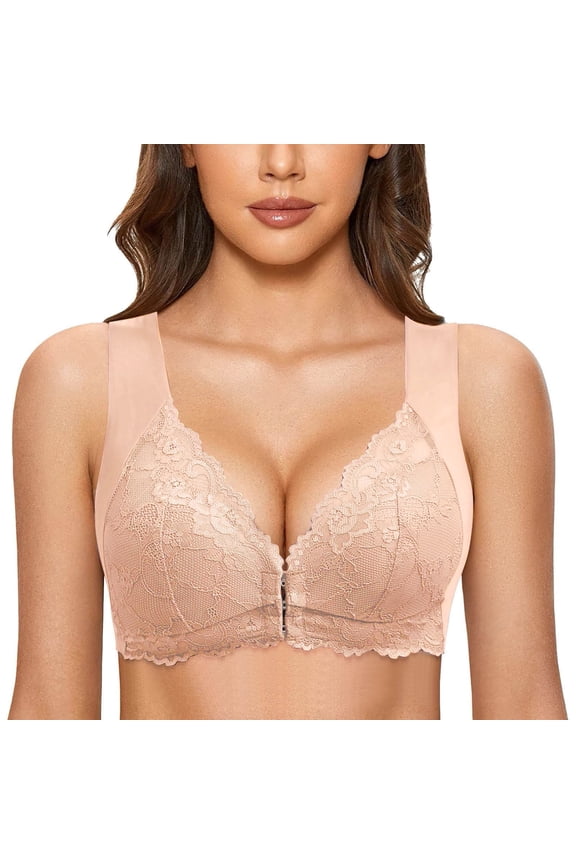 Womens Front-Close Seamless Unlined T-Back Large Bust Support Bra Without Steel Ring for Comfortable Everyday Wear Brown M