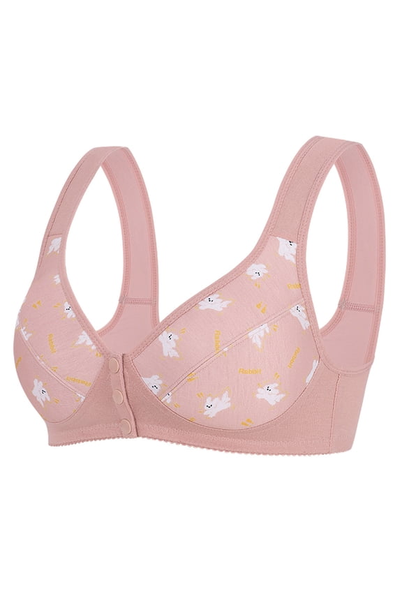 Womens Front Closure Bras Cotton Blend Wireless Full Coverage Cute Rabbit Print T-Shirt Bra Elderly Friendly Easy Close Pink,Size XL