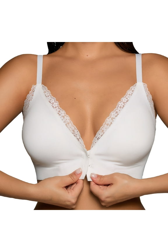 Womens Front Closure Bras Lace Seamless Wireless Removable Padded Bralette Ladies Full Coverage Push Up Adjustable Straps Lingerie White S