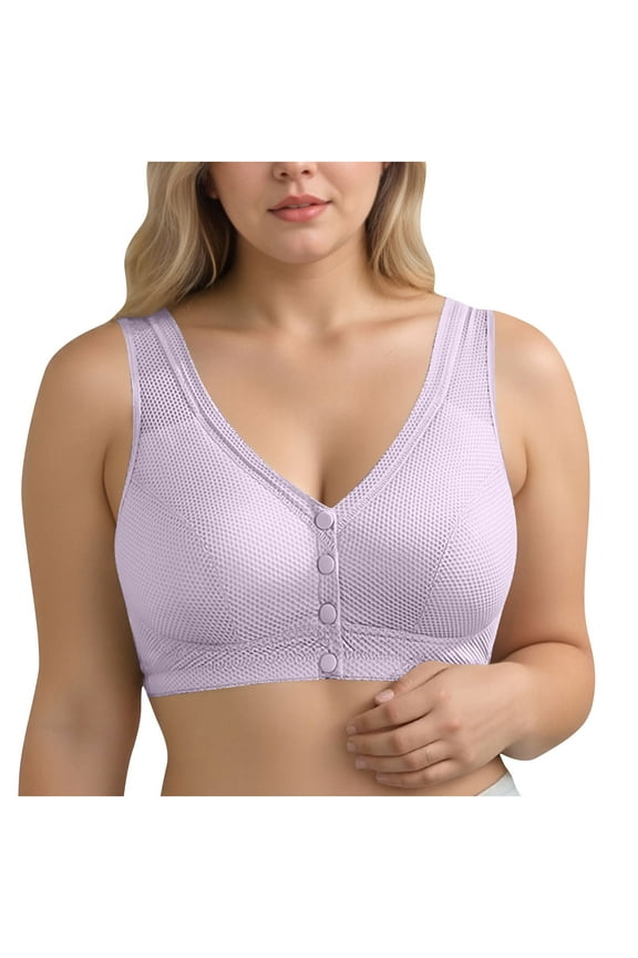 Womens Front Closure Bras Plus Size Breathable Summer Bralettes Old Women Full Coverage Padded Modest Bras Purple, 44BCD