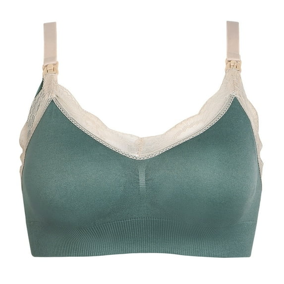 Womens Front Closure Bras Plus Size Pullover Bra Everyday Underwear Solid Color Lace Thin Bra V-Neck Pullover Bra Feature Hook and Eye Closure Training Bra Style Y-49 , Green M