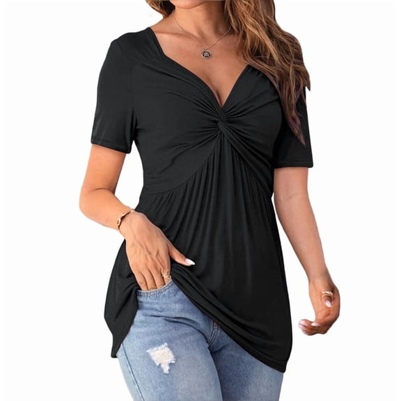 Womens Front Knotted V-Neck Blouse T Shirt Short Sleeve Oversized Tunic Tops Summer Solid Pullover Tees Black XL