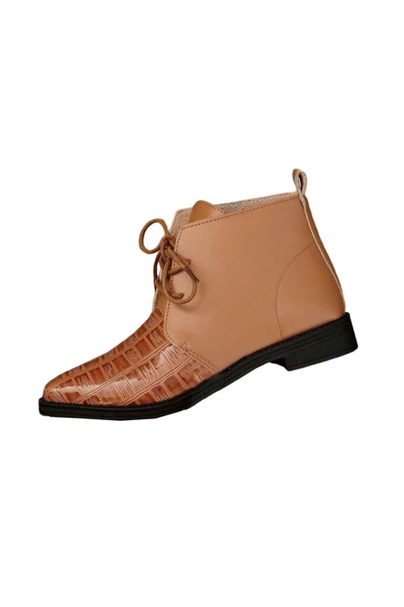 Womens Front Lace Up Embossed Ankle Boots, Pointed Toe Low Flat Heel Leather Short Booties Brown 5(36)