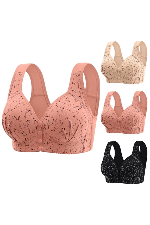 Womens Front Snap Comfort Bralette Elegant Branch Floral Pattern Wide Straps Wire Free Full Cup Soft Sleep Bra Pink 48
