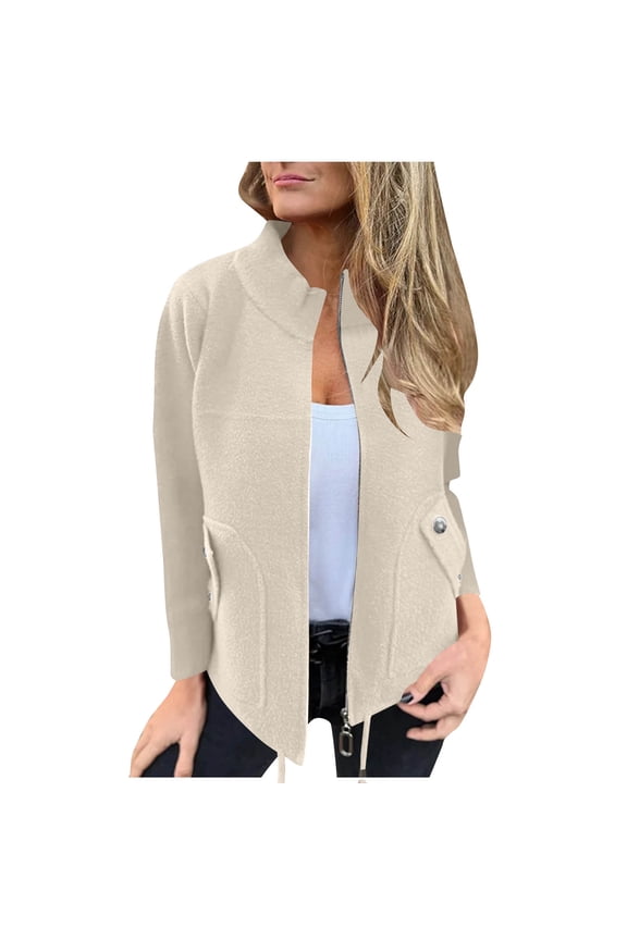 Womens Front Zip Jacket No Hood Solid Long Sleeve Wool Blend Dressy Casual Fall Zipper Coat with Pockets (5XL, White)