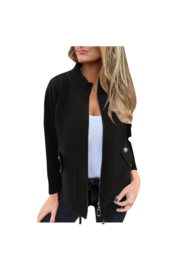 Womens Front Zip Jacket No Hood Solid Long Sleeve Wool Blend Dressy Casual Fall Zipper Coat with Pockets (M, Black)