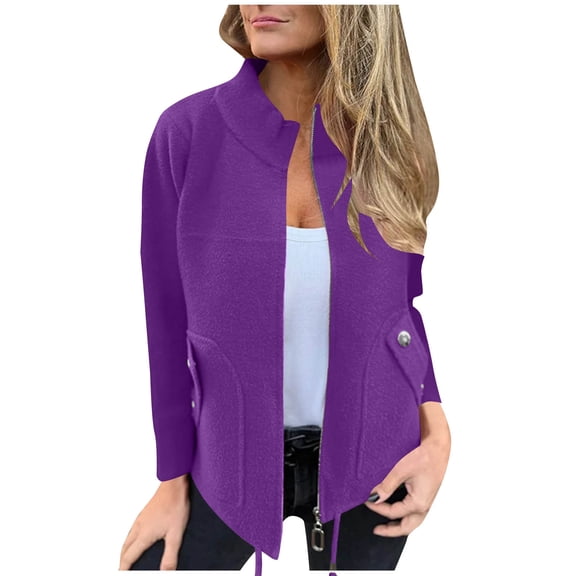 Womens Front Zip Jacket No Hood Solid Long Sleeve Wool Blend Dressy Casual Fall Zipper Coat with Pockets (S, Purple)