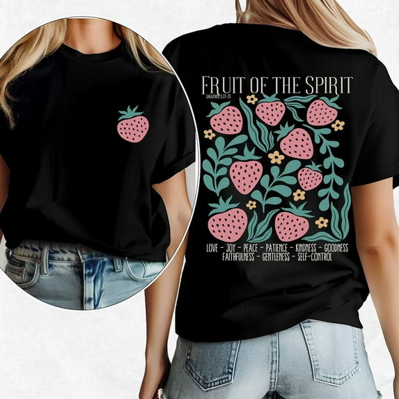 Womens Fruit of the Spirit Galatians 5:22-23 Print Tshirt Bible Verse Graphic Tees Short Sleeve Casual Christian Tops Faith Based Shirts for Daily Outfits Black,S