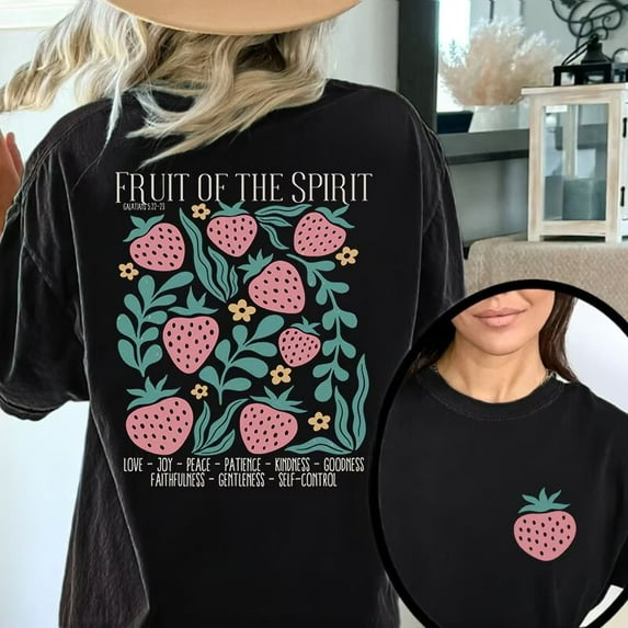 Womens "Fruit of the Spirit" Religious - Inspired Graphic Tees Inspirational Print T - shirts With Strawberry, Floral & Biblical Text Design Comfortable Short Sleeve Casual Daily Wear Tops