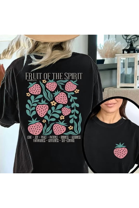 Womens "Fruit of the Spirit" Religious - Inspired Graphic Tees Inspirational Print T - shirts With Strawberry, Floral & Biblical Text Design Comfortable Short Sleeve Casual Daily Wear Tops