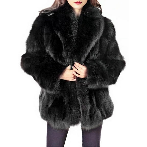 Womens Fuax Fur Coat Winter Warm Faux Fur Parka Jacket Thick Plus Size Outerwear Overcoat Black L