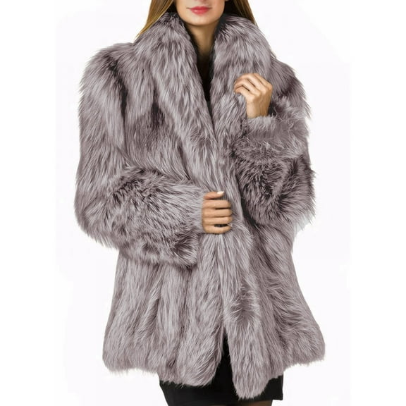 Womens Fuax Fur Coat Winter Warm Faux Fur Parka Jacket Thick Plus Size Outerwear Overcoat Gray S