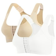 Womens Full Coverage Bras, 2 Pack Post Surgery Bra Front Closure Compression Bra Wirefree Mastectomy Bra with Wide Straps S-5XL