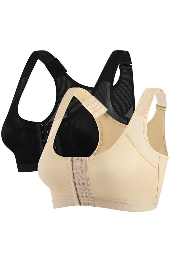 Womens Full Coverage Bras, 2 Pack Post Surgery Bra Front Closure Compression Bra Wirefree Mastectomy Bra with Wide Straps S-5XL