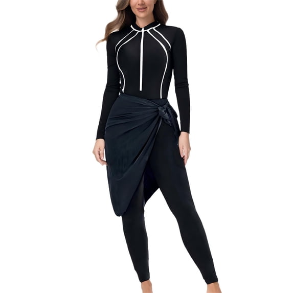 Womens Full Coverage Rash Guard Long Sleeve Swimsuits Zipper Front Bathing Suits with Sarong 3 Piece Swimwear(Black S)