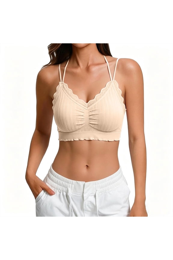 Womens Full Coverage Wireless Bras Cross Back Ruched Push Up Bralette Ruffle Hem Soft Camisoles Underwear 38BCD, Beige