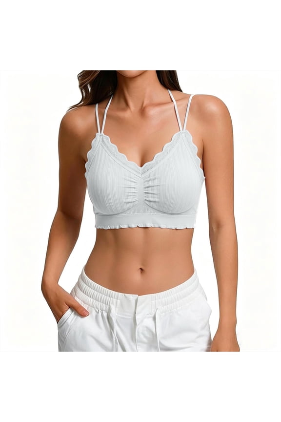 Womens Full Coverage Wireless Bras Cross Back Ruched Push Up Bralette Ruffle Hem Soft Camisoles Underwear 38BCD, Gray