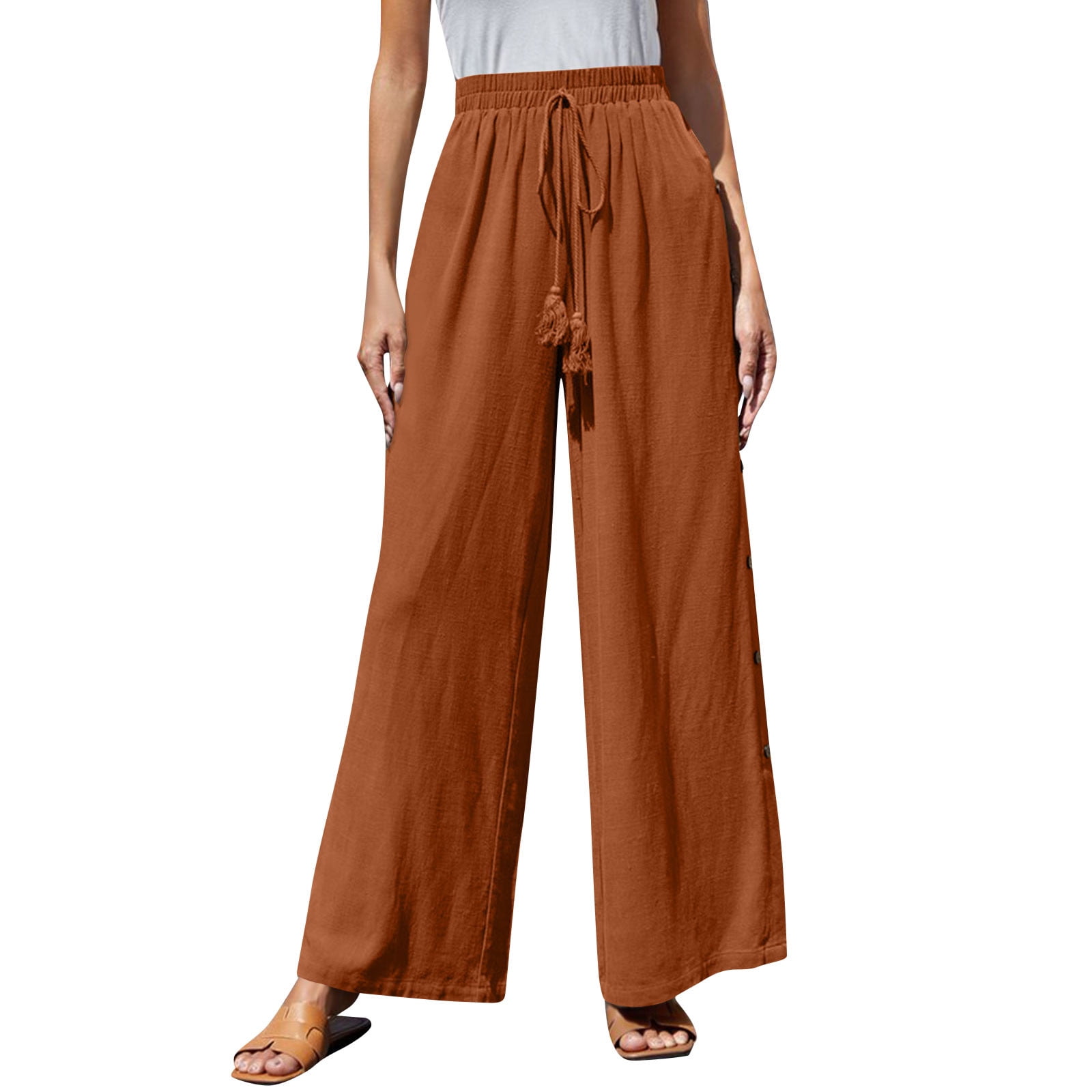Womens Full Length Pants Clearance Solid High Waist Coverall Trouser Long  Pant Trendy Button Fashion Gaucho Pants for Women ,Brown,L
