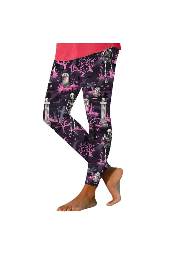 Womens Full-Length Trousers Women's Fashion Halloween Skeleton Print Leggings with Yoga Sport Elastic Pants S-191 Pink-a XXL