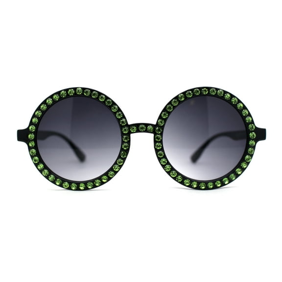 Womens Full Rhinestone Wizard Round Circle Lens Plastic Sunglasses Black Green Smoke