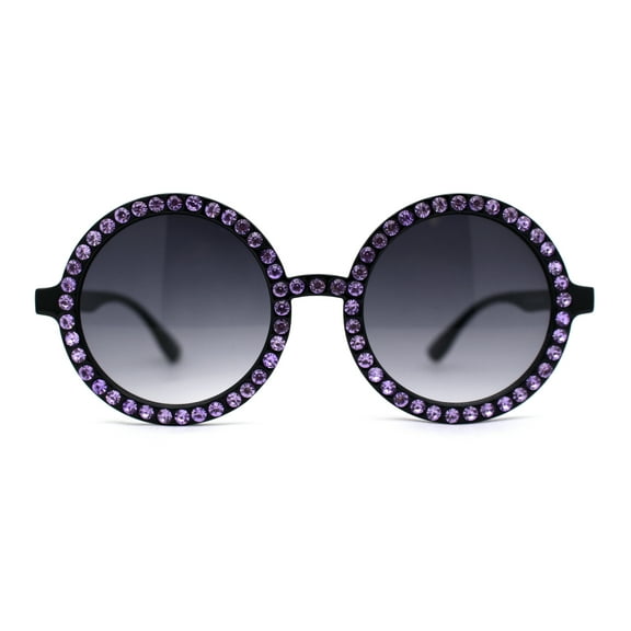 Womens Full Rhinestone Wizard Round Circle Lens Plastic Sunglasses Black Lavender Smoke