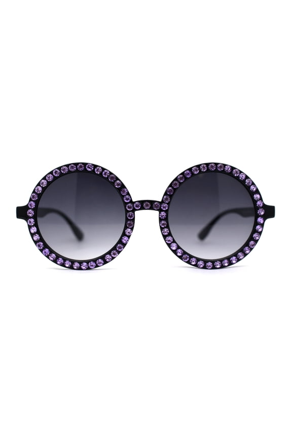 Womens Full Rhinestone Wizard Round Circle Lens Plastic Sunglasses Black Lavender Smoke