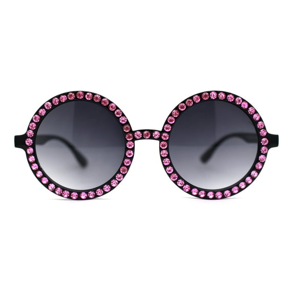 Womens Full Rhinestone Wizard Round Circle Lens Plastic Sunglasses Black Pink Smoke