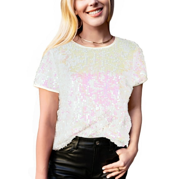 Womens Full Sequin Top Party Holiday Short Sleeve Glitter Sparkle Shirt Blouse, White and Pink, X-Large