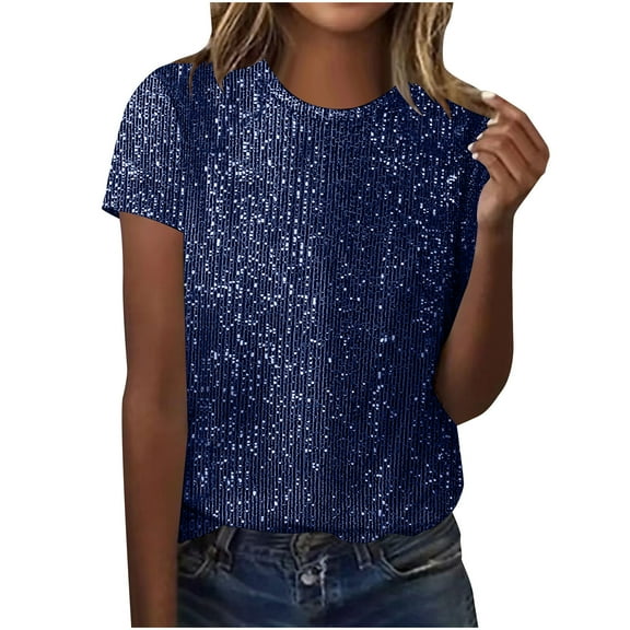 Womens Full Sequin Tops Sparkle Glitter Blouses Short Sleeve Shirts Dressy Party Concert Outfits