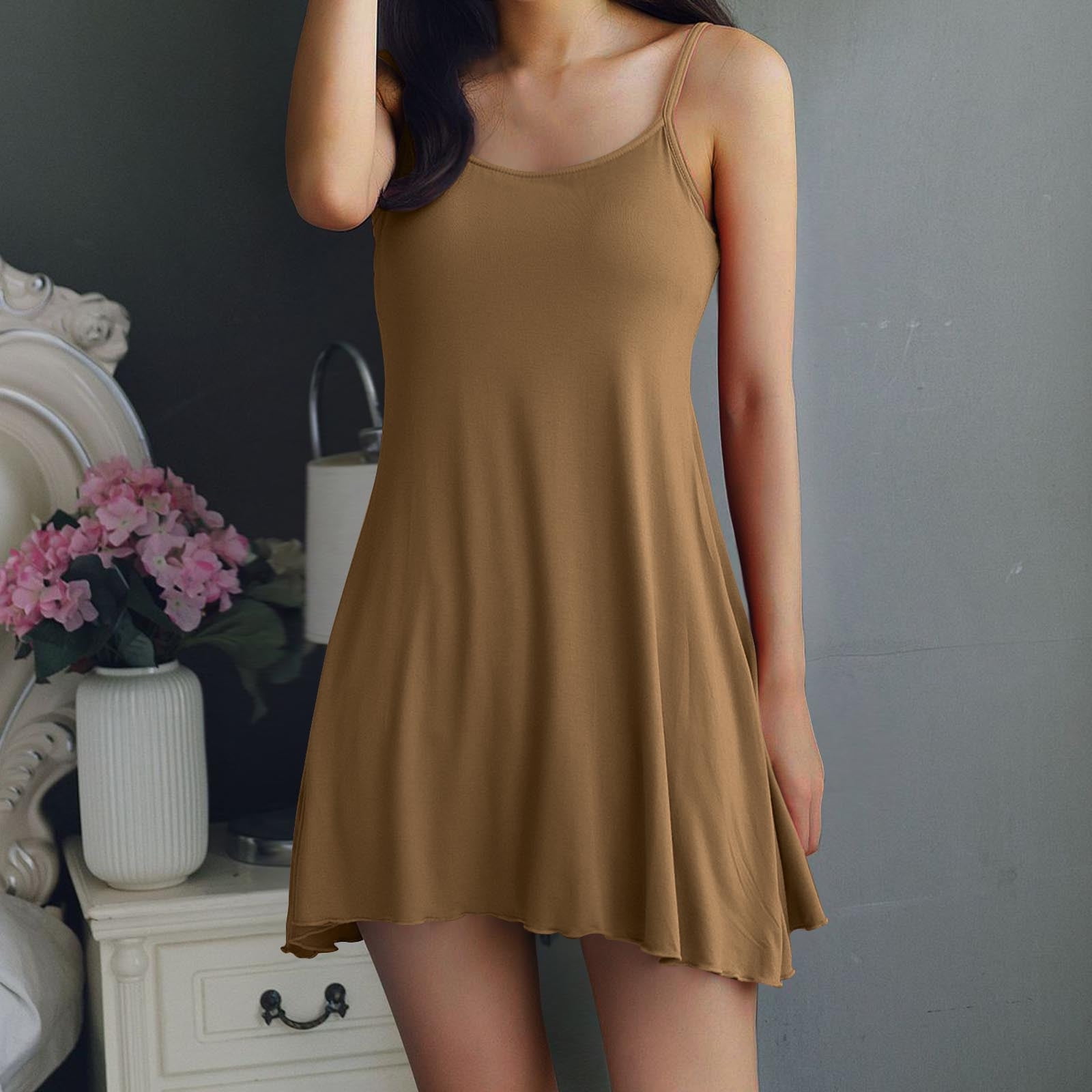 Womens Full Slip Dress Built-in Bra Chemisole Sleepwear Adjustable Spaghetti Strap Nightgown
