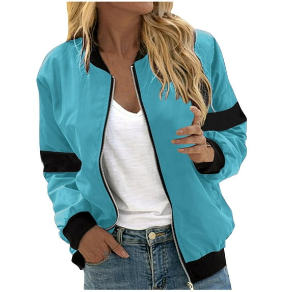 Womens Full Zip Bomber Jacket, Zip Up Jacket for Women Casual Solid Color Long Sleeve Fall Coats with Pockets